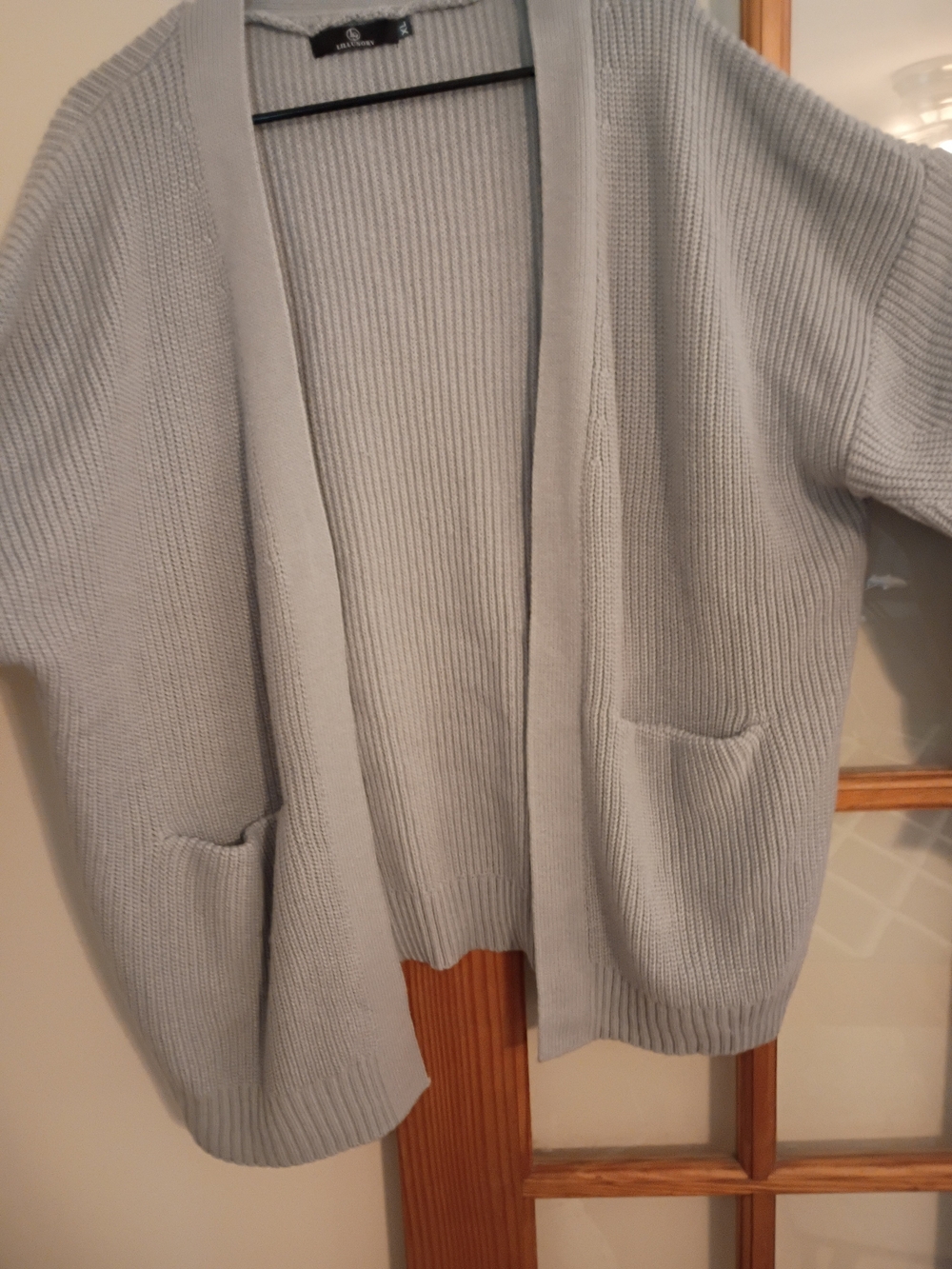 Light Gray Ribbed Open-Front Cardigan with Patch Pockets